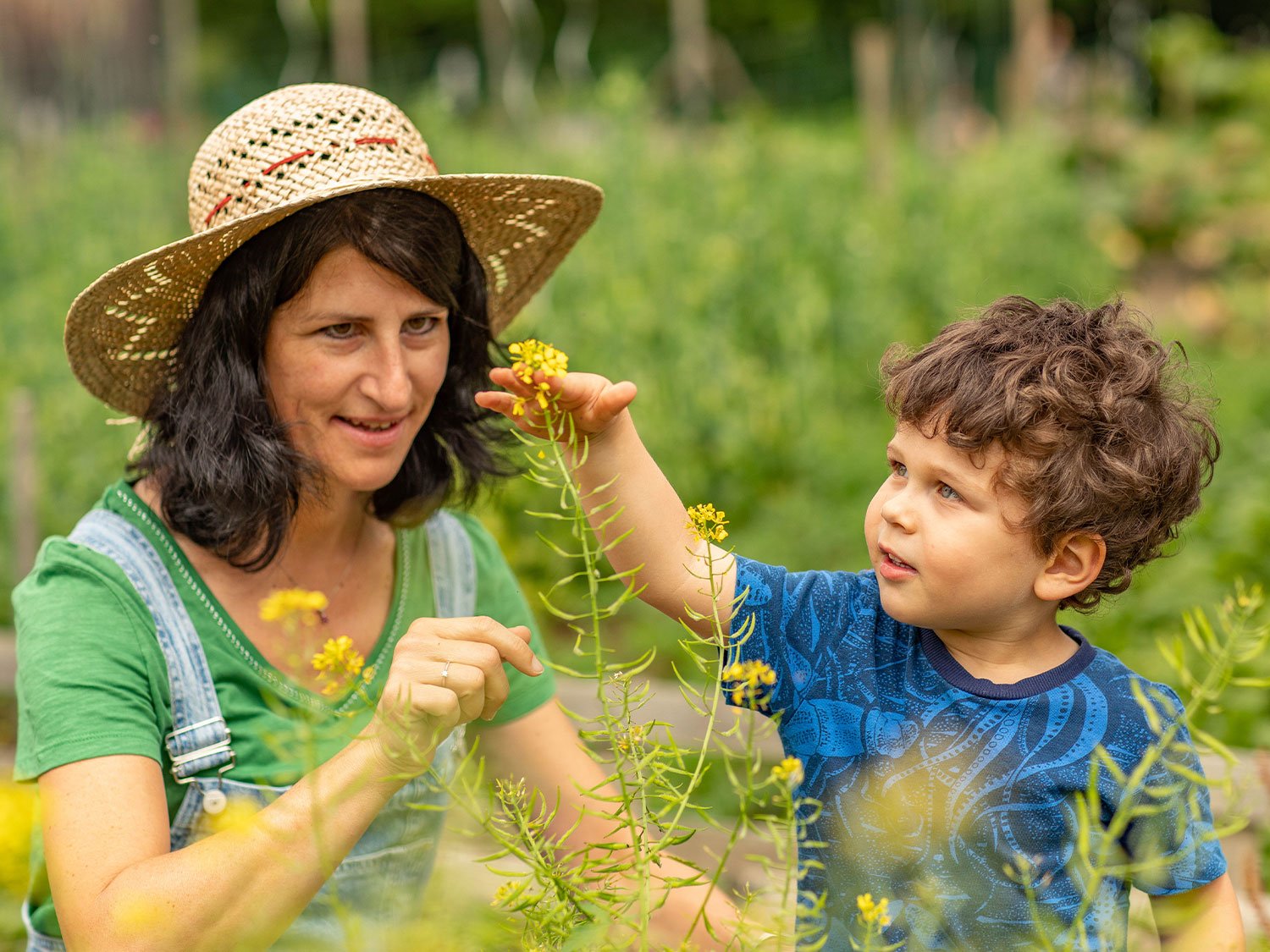 Une femme et un enfant découvre les plantes dans un jardin