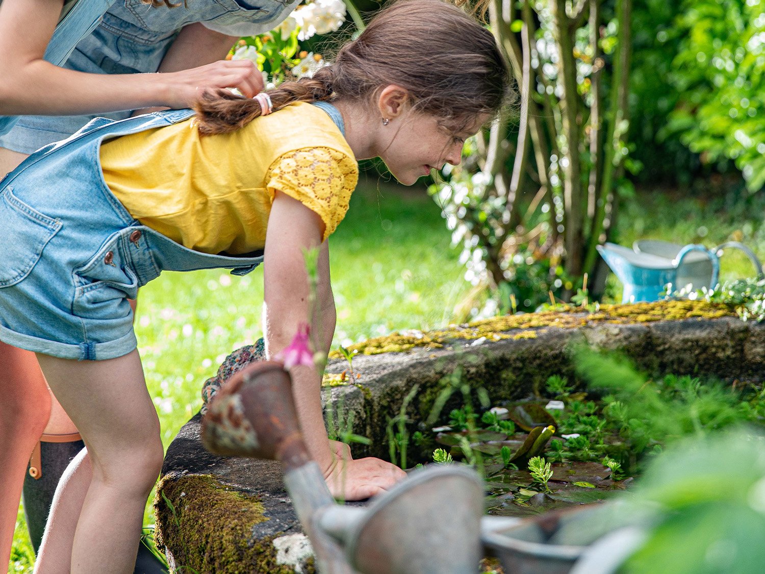 Une petite fille qui regarde un point d'eau dans un jardin