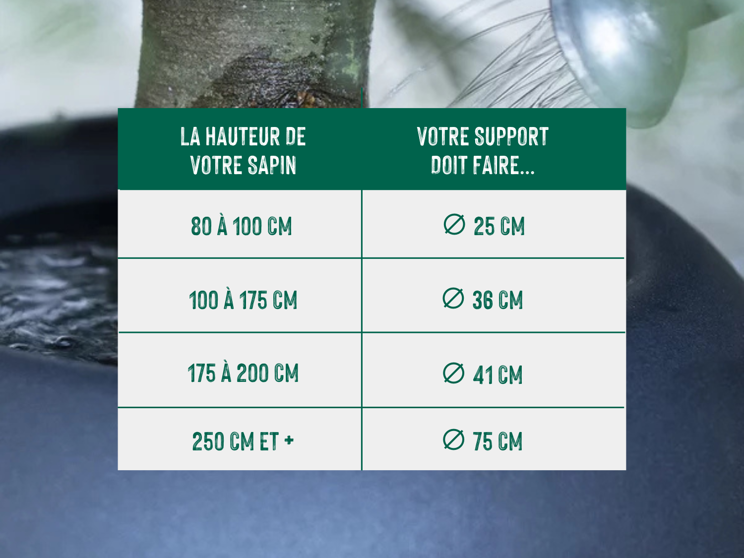 Informations sur le diamètre du pot à réserve d'eau du sapin naturel