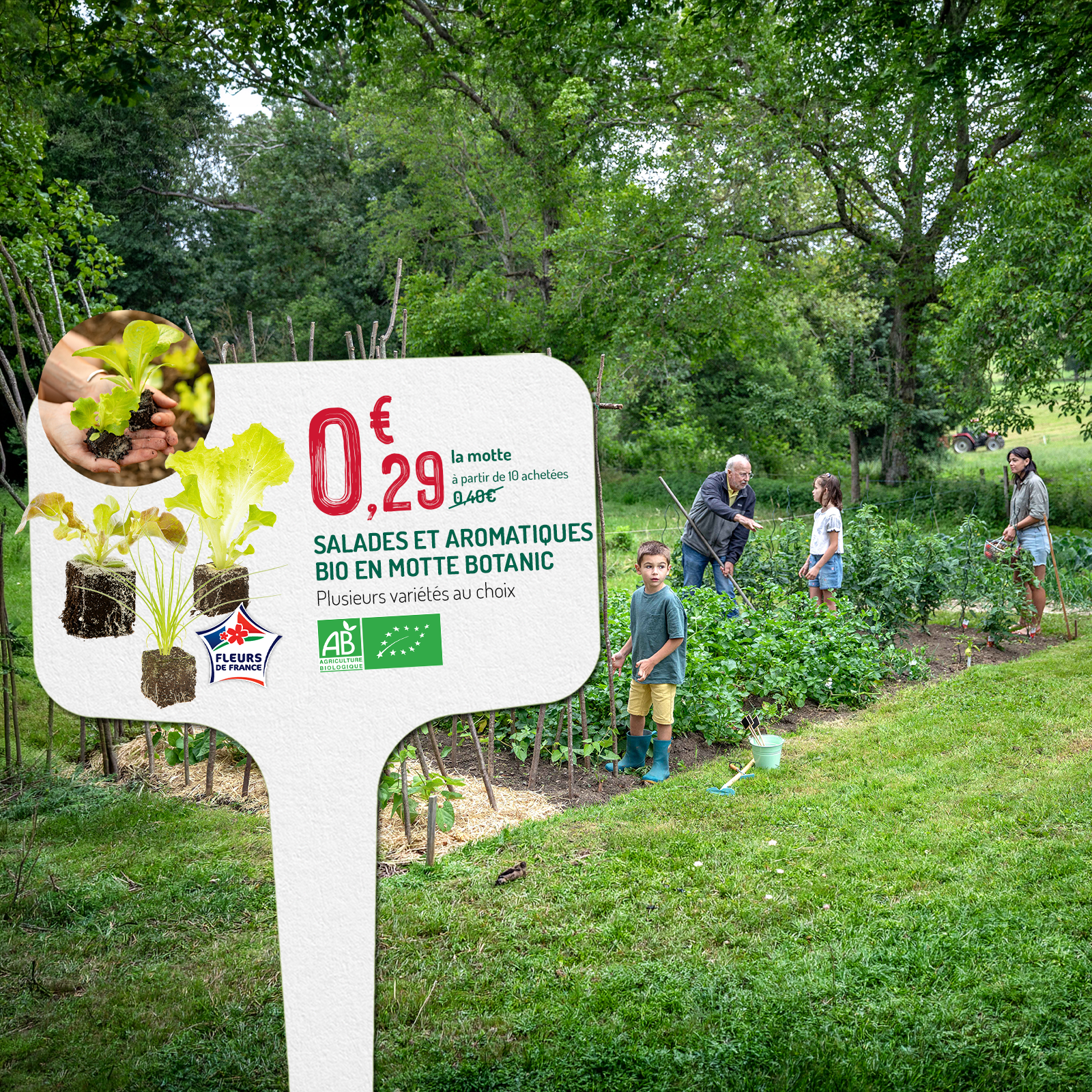 Une famille dans un potager au milieu d'un jardin