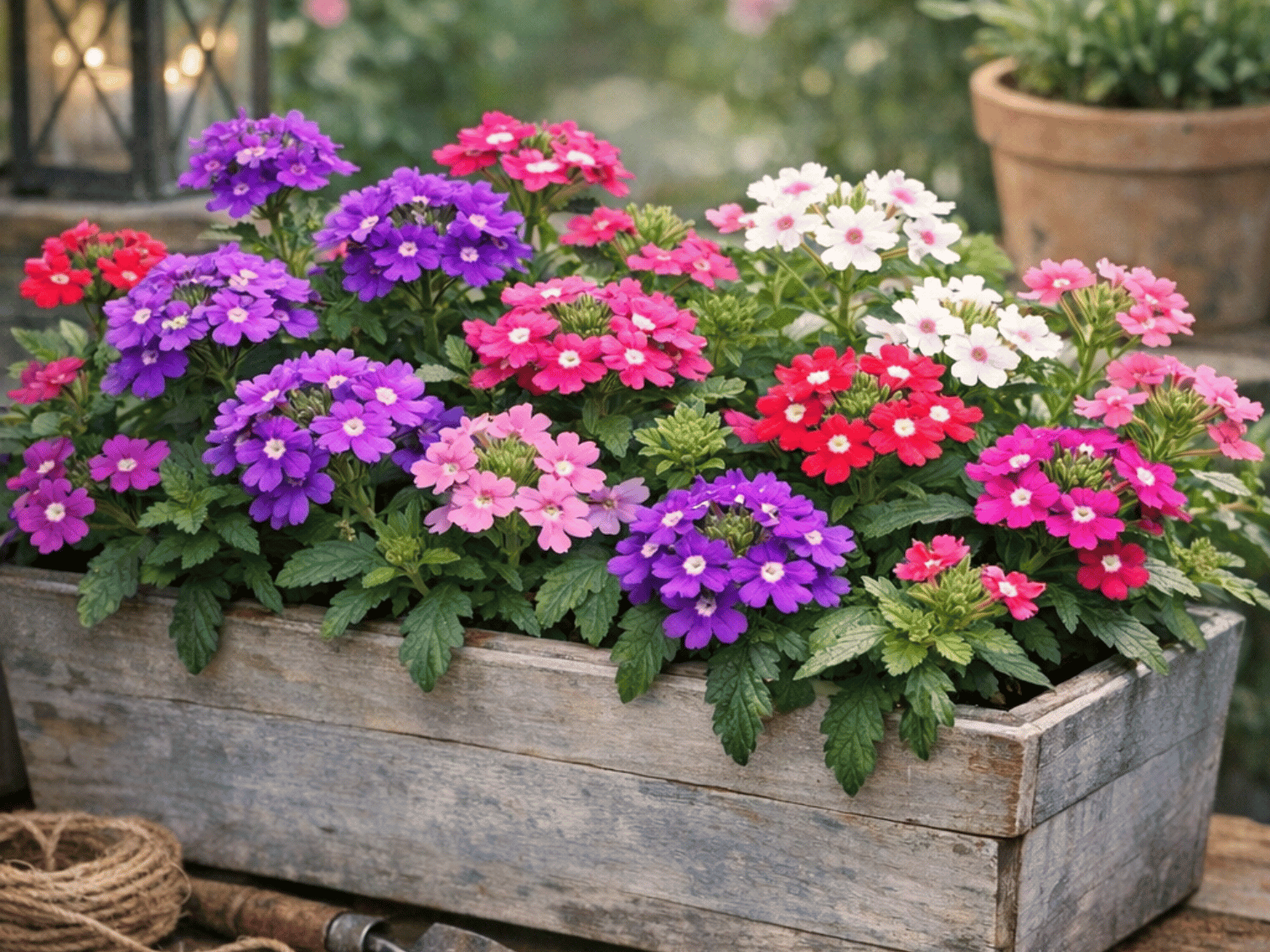 Une jardinière en bois contenant des fleurs de verveine ornementale de toutes les couleurs