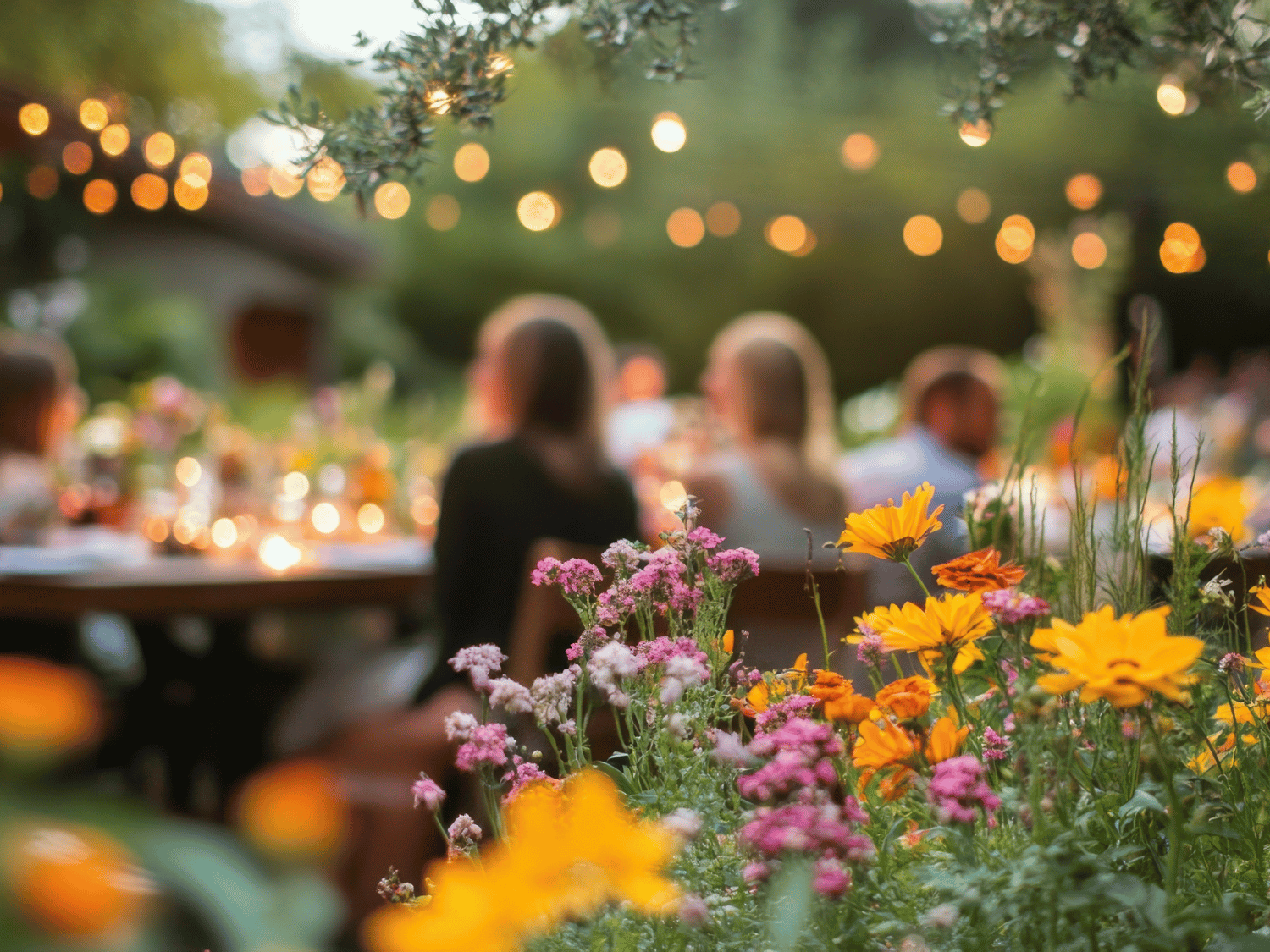 Une soirée festive autour d'une table avec des végétaux fleuris