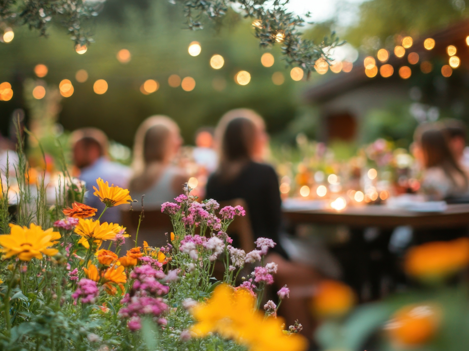 Des personnes qui partagent un repas d'été avec des fleurs colorées en premier plan