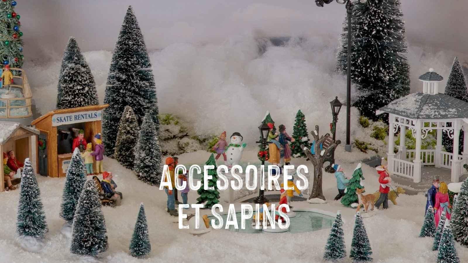 Accessoires et sapins dans un village de Noël