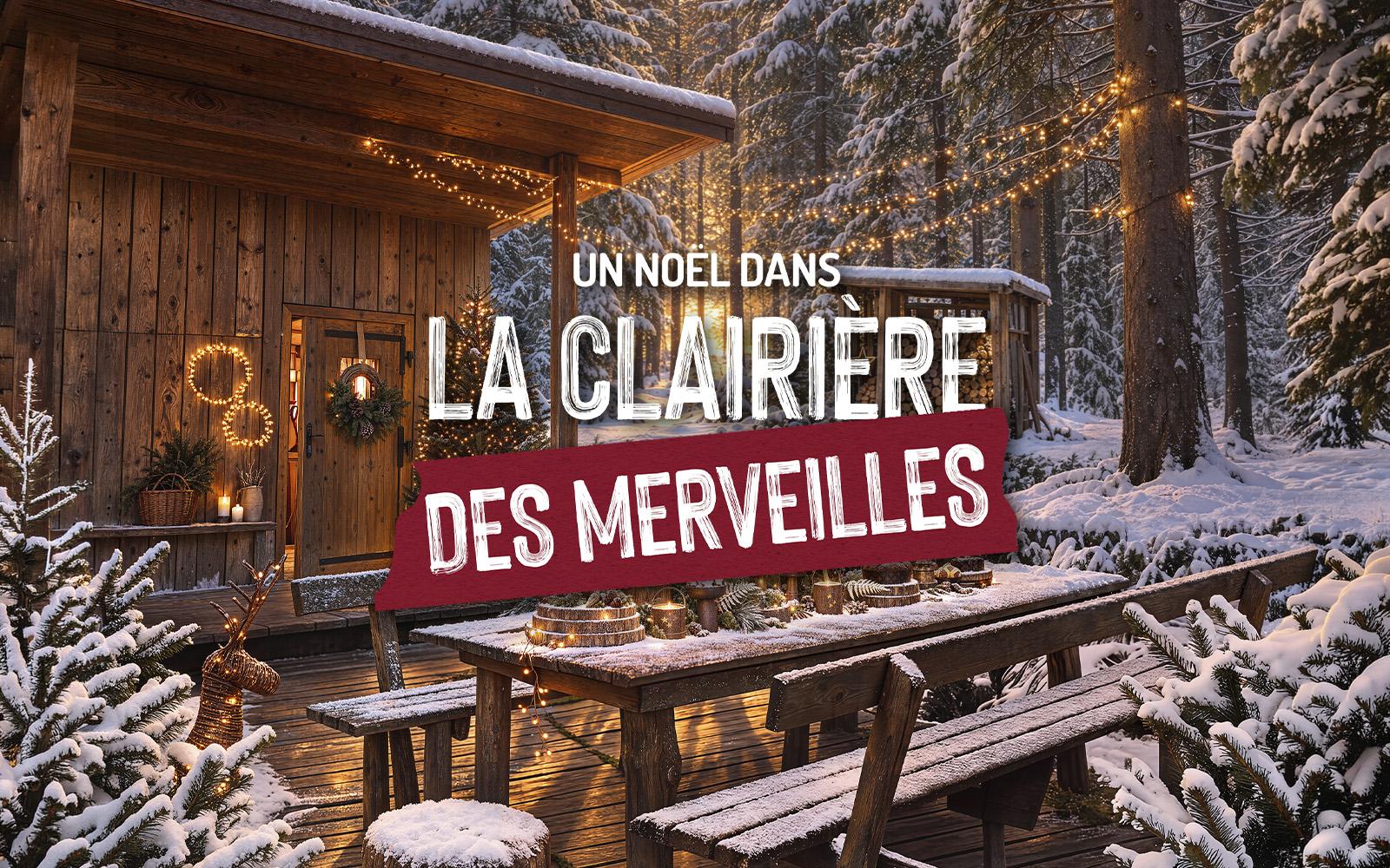 Un chalet avec une table décorée dans l'ambiance de Noël au milieu de sapins enneigés