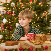 Petit garçon boit un chocolat chaud devant le sapin de Noël