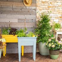 Deux potagers sur pied bleu et jaune sur un balcon