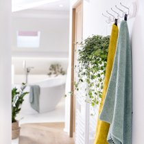 Un couloir qui montre une salle de bain végétalisée