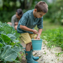 Un petit garçon et sa mère déposant du paillage au potager