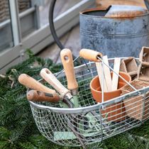 Un panier avec des outils dans une serre