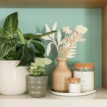 Une étagère de bibliothèque avec des petites plantes, des bougies et des fleurs en papier