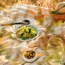 Une salade de tomates vertes avec des olives noires, sur une nappe pour un pique-nique en pleine nature