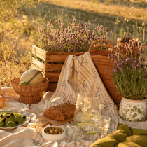 Un pique-nique sur l'herbe avec une nappe, de la vaisselle et de la nourriture et des lavandes pour une décoration bucolique