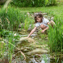 Une fillette qui touche l'eau au bord d'un bassin