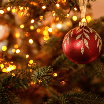 Une boule de Noël rouge et doré accroché dans le sapin