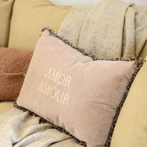 Sur un canapé, un coussin doux rose poudré avec comme désignation le mot "Amor - Amour"