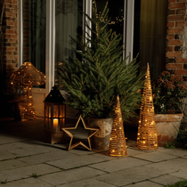 Un extérieur de Noël avec des lumières en forme de sapins et une étoile