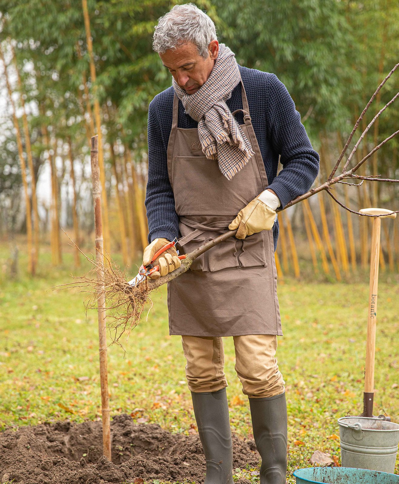 Un homme prépare les racines d'un arbre fruitier avant de le planter
