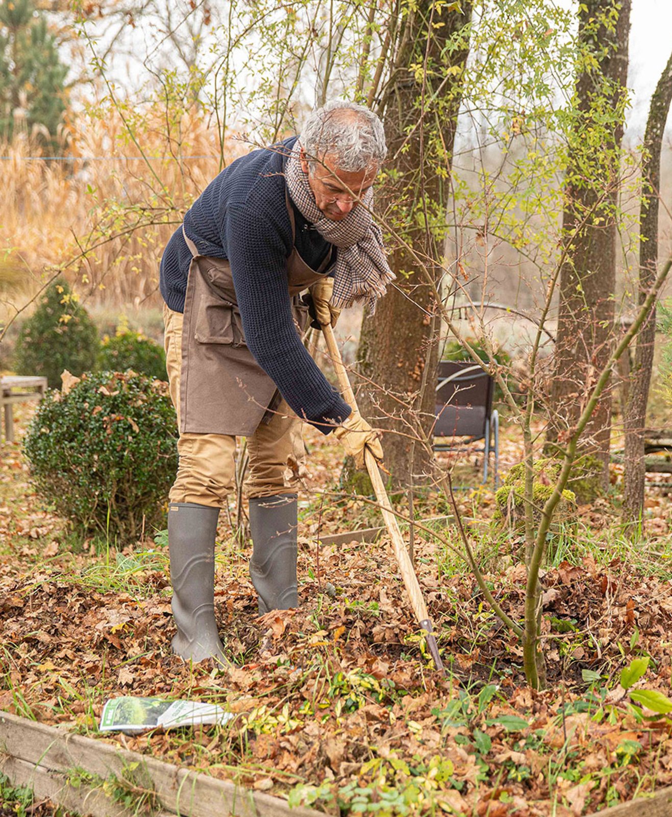 Un homme entretient un arbuste dans son jardin