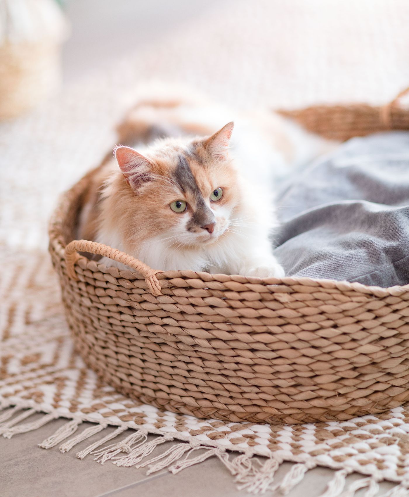 Un panier lit avec un coussin pour chat