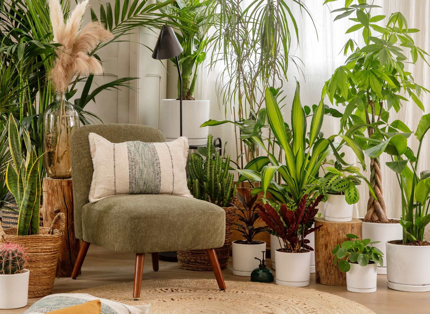 Un salon rempli de plantes vertes faciles d'entretien de la marque botanic®