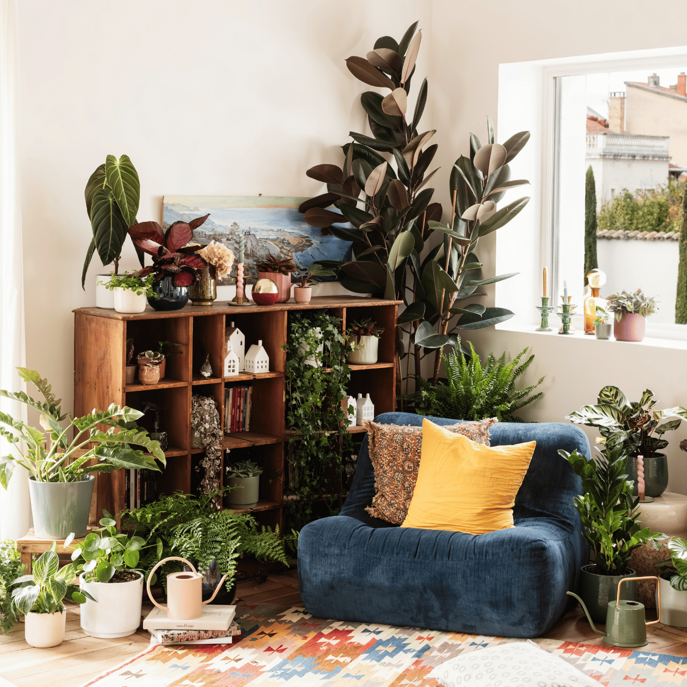 Femme qui arrose ses plantes avec un arrosoir