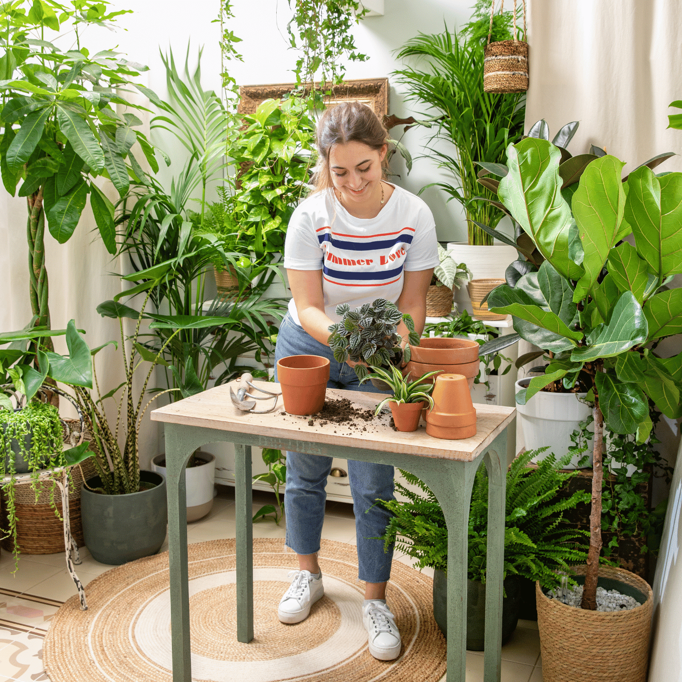 Femme qui rempote ses plantes verte