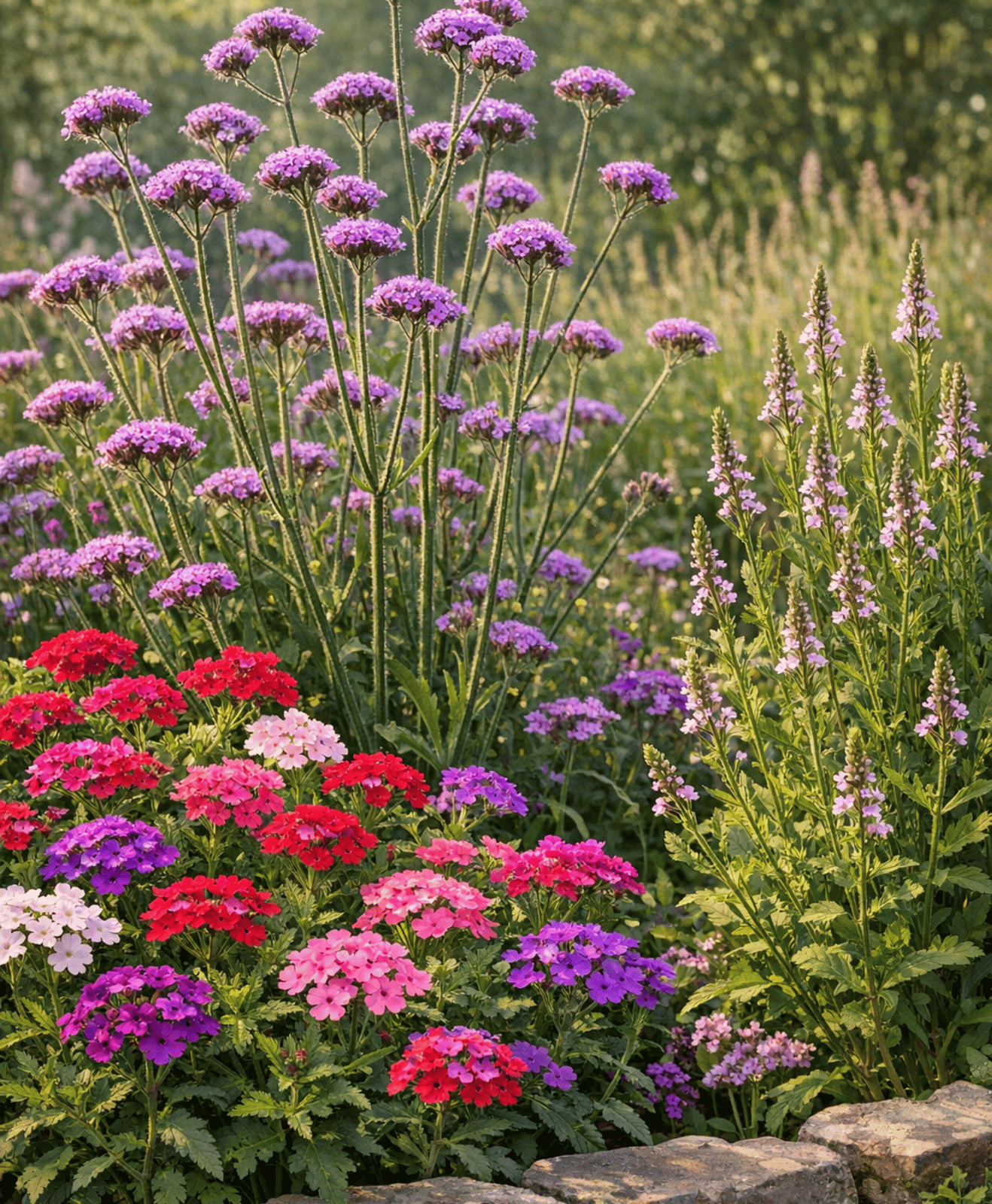 Trois types de verveines dans un jardin