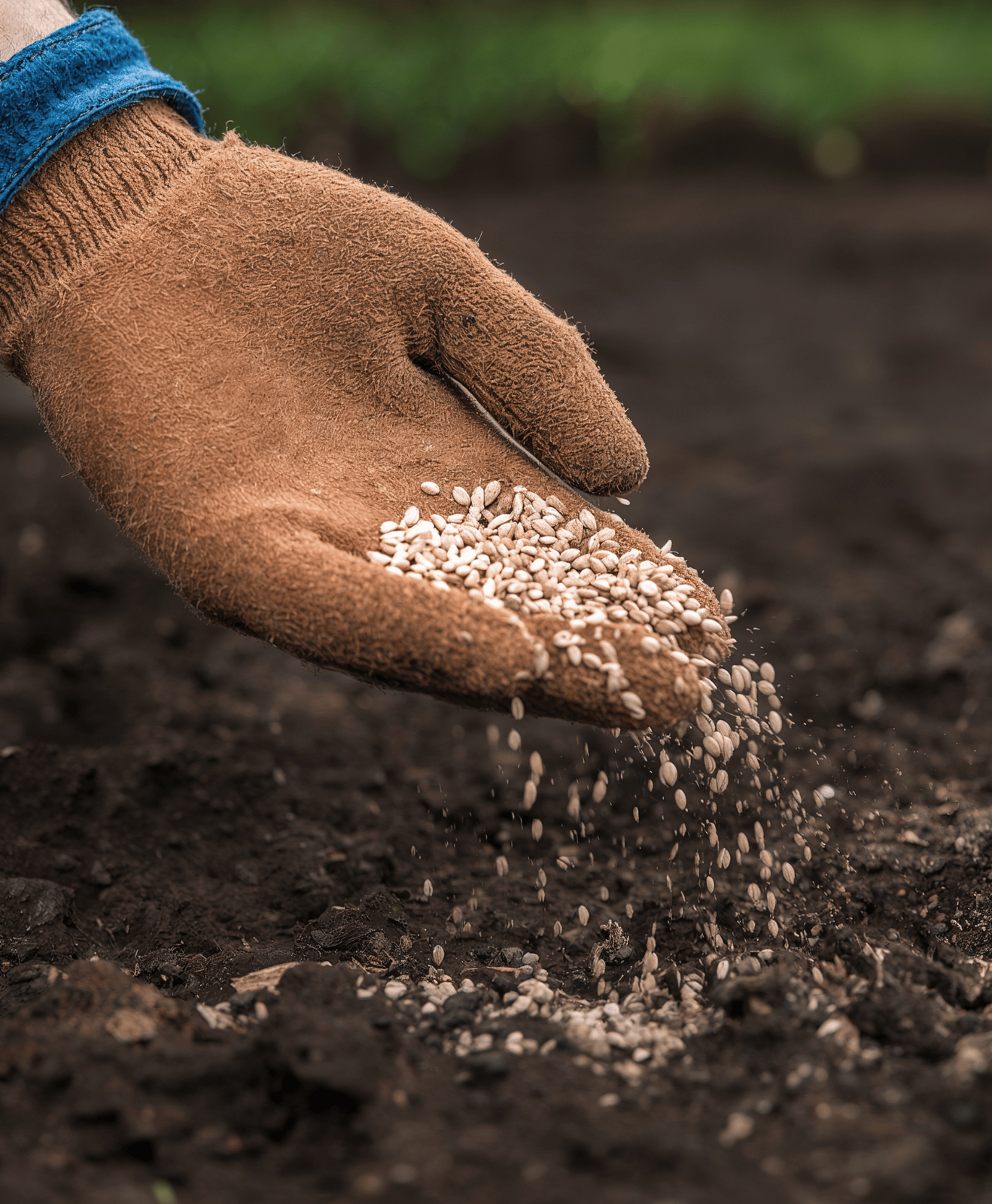 Une main avec un gants qui sème des graines dans la terre