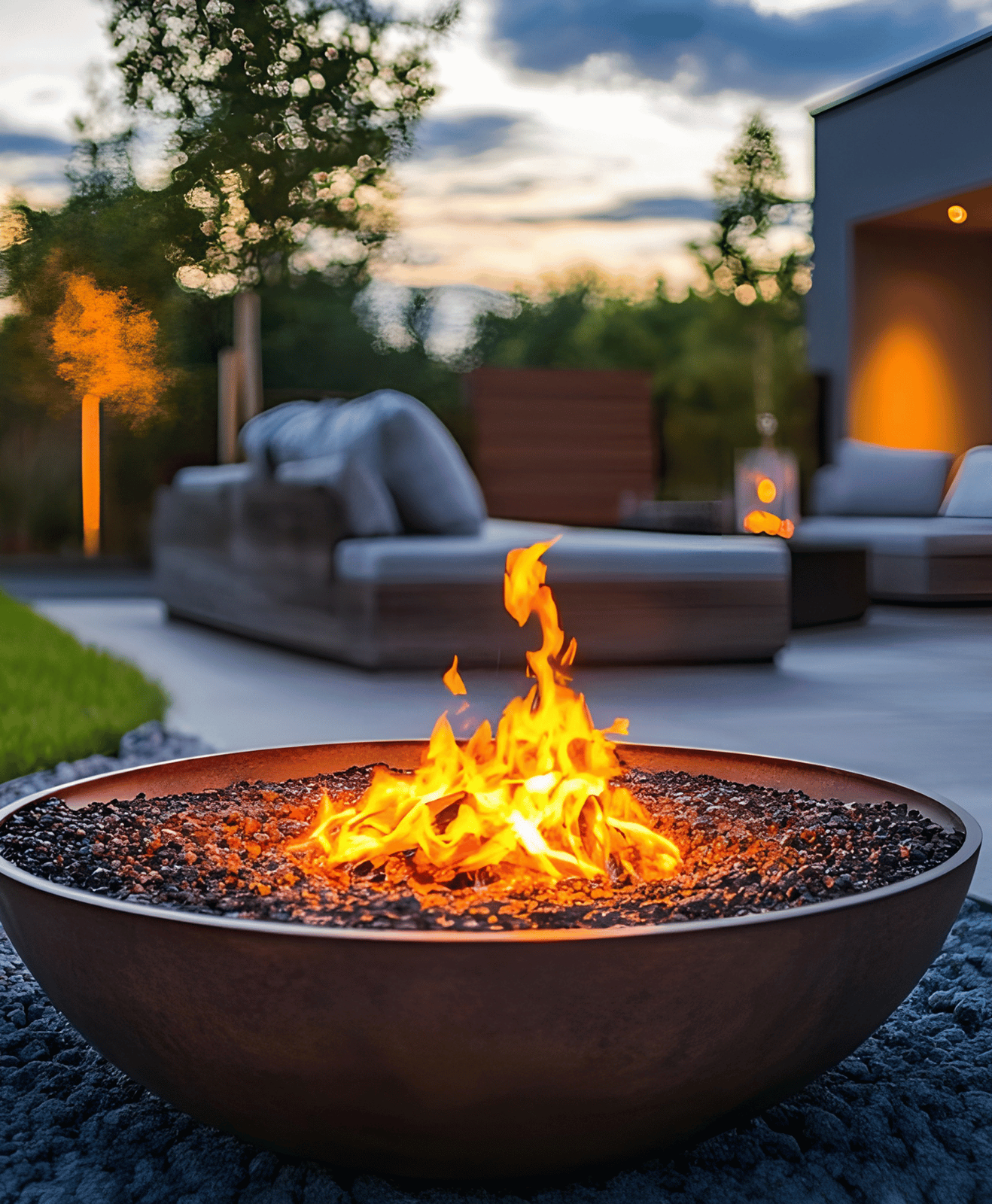 Zoom sur un brasero en flamme sur une terrasse de maison