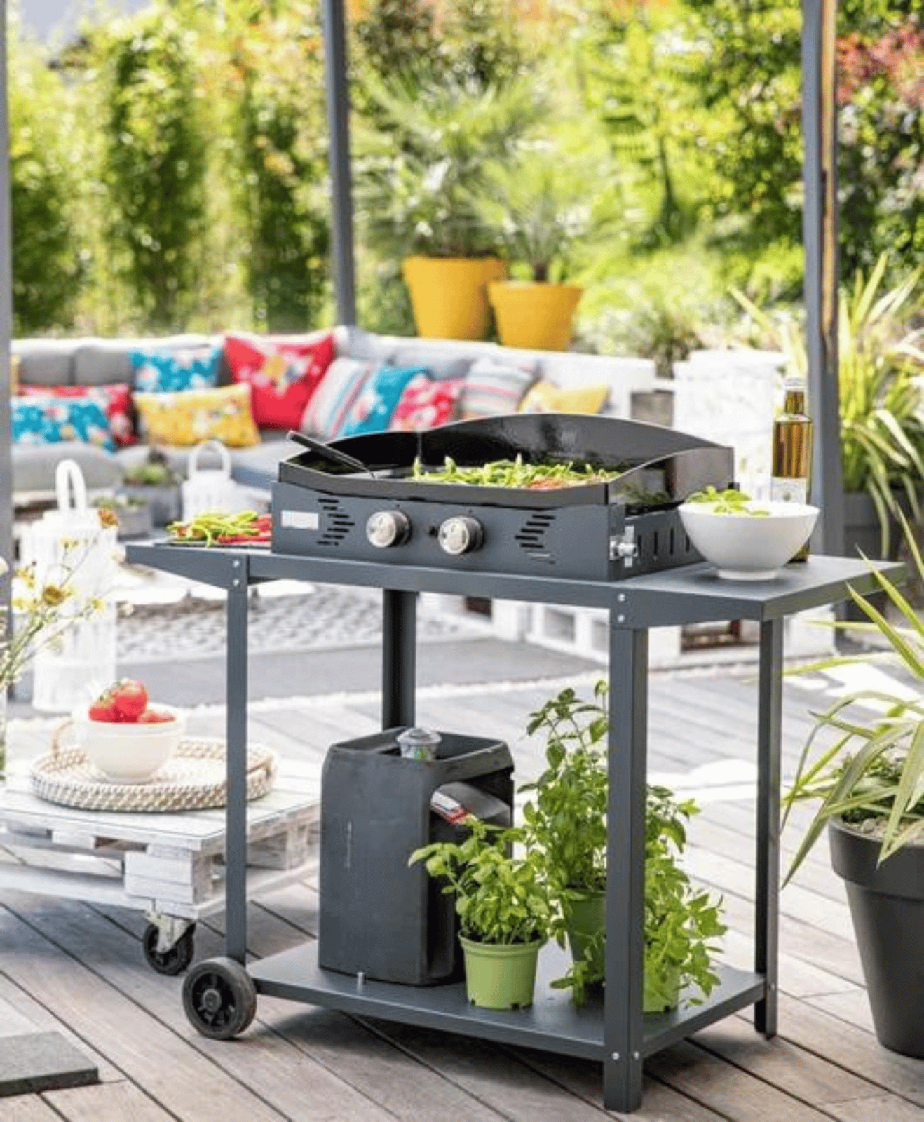 Une plancha sur la terrasse sur une desserte avec du basilic