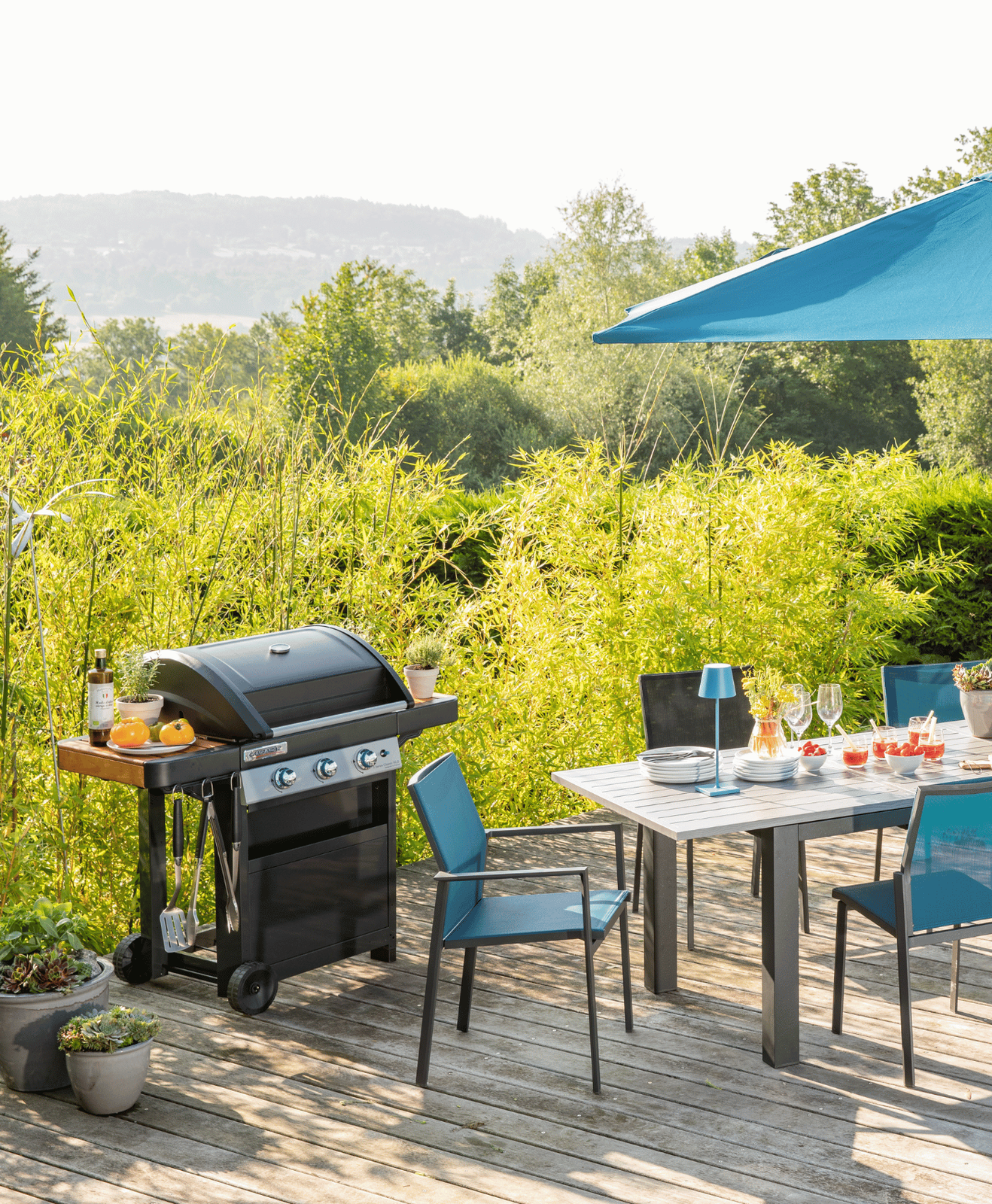 Un barbecue sur la terrasse avec une table, des chaises et un parasol