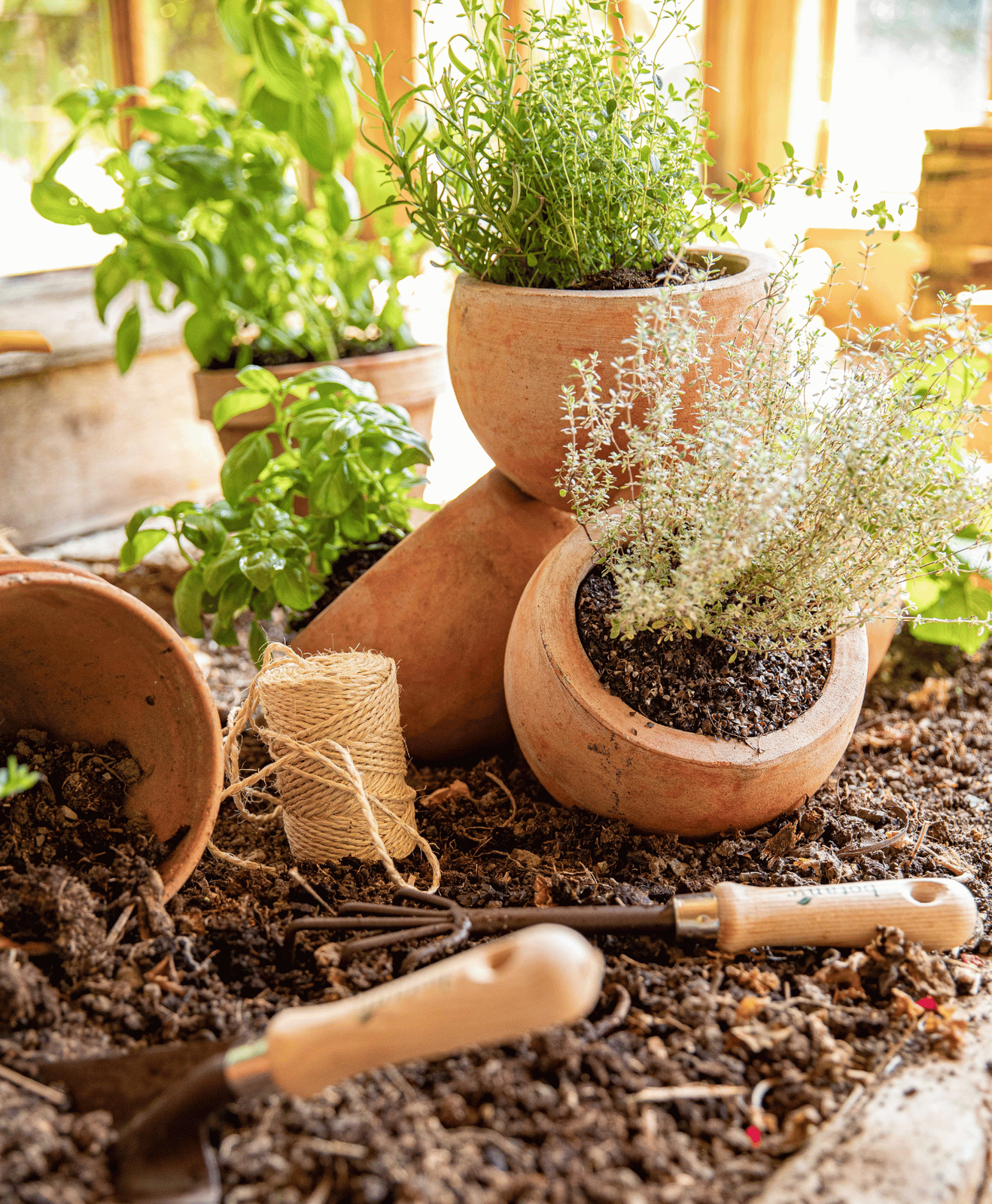Des pots en terre cuites avec des aromatiques dans la terre de plantation