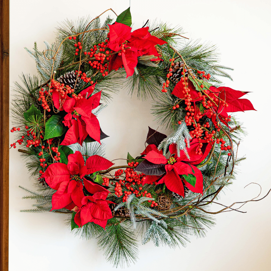 Couronne de Noël branchages et poinsettias