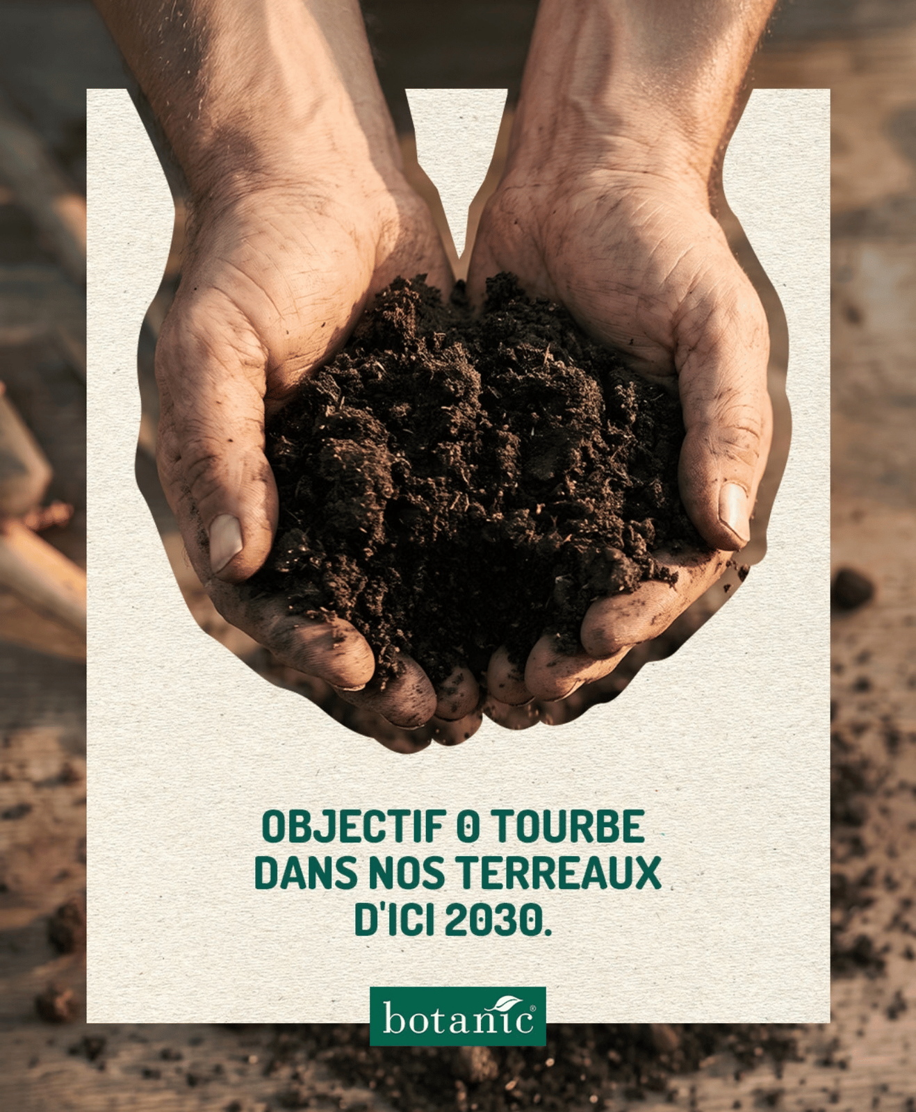 Des mains qui portent du terreau pour l'objectif zéro tourbe dans nos terreaux d'ici 2023