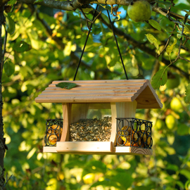 Nichoir et graines pour les oiseaux dans le jardin