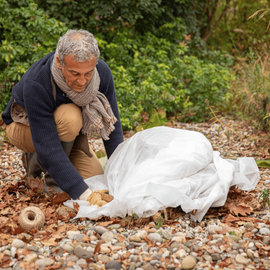 Homme qui couvre ses plantations pour le froid
