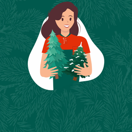 Picto vendeuse botanic avec deux sapins dans les mains