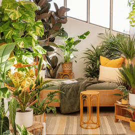 Une chambre avec plusieurs plante d'intérieur exposées au soleil avec des décorations jaune