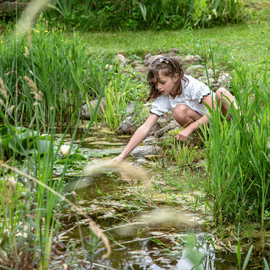 Une fillette qui touche l'eau au bord d'un bassin