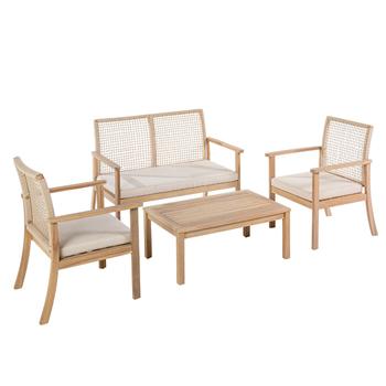 Visuel 1 du produit Salon de jardin en bois et corde coloris beige Séquoïa - 4 éléments (canapé, table basse et deux fauteuils)