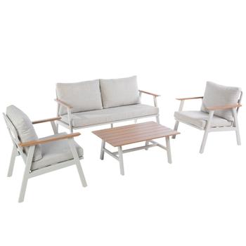 Visuel 1 du produit Salon de jardin en aluminium coloris beige Milly - 4 éléments (canapé, table basse et deux fauteuils)