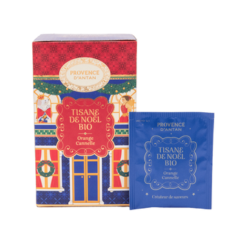 Visuel 1 du produit Tisane de Noël orange cannelle bio Provence d'Antan - 30,6 g dans une boîte ronde avec couvercle
