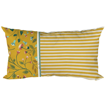 Visuel 1 du produit Coussin déco en polyester/coton rayé et fleuri coloris cumin Victorine - 50 x 30 x 15 cm