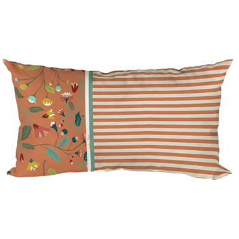 Visuel 1 du produit Coussin déco en polyester/coton rayé et fleuri coloris terra Victorine - 50 x 30 x 15 cm