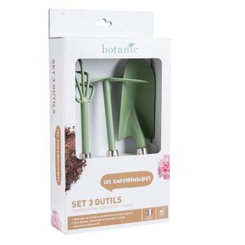 Visuel 1 du produit Lot d'outils à main pour le jardin coloris amande (transplantoir, serfouette, griffe) botanic® - 3 outils