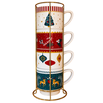 Visuel 1 du produit Tasses en porcelaine motifs et couleurs de Noël Rudolphe avec support tour en métal - 10 x 8,5 x 6,8 cm