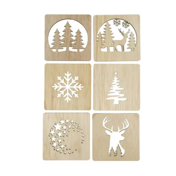 Visuel 1 du produit Coffret de 6 dessous de verre carrés en contreplaqué naturel à motif de Noël - 10 x 10 cm