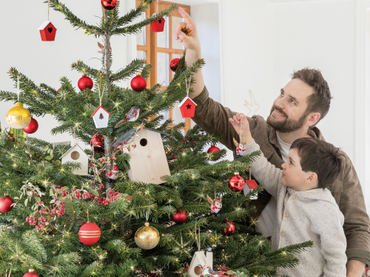 Un père et son enfant en train de décorer un sapin de Noël