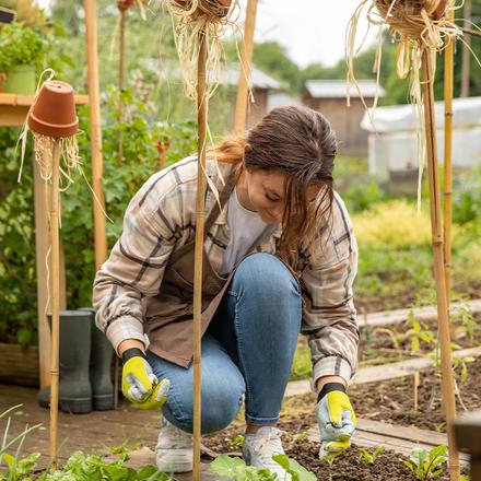 Une femme en train d'entretenir son potager au naturel